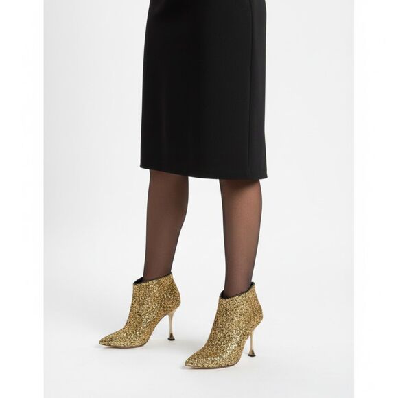 Manolo Blahnik Stiletto Ankle Bootie 39 Pointed Toe Glam Designer Gold Pluta - Picture 1 of 15